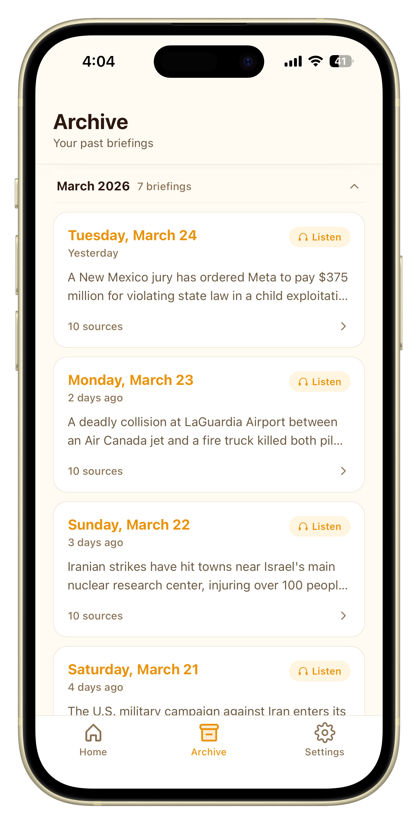 Dawncast archive page showing past briefings