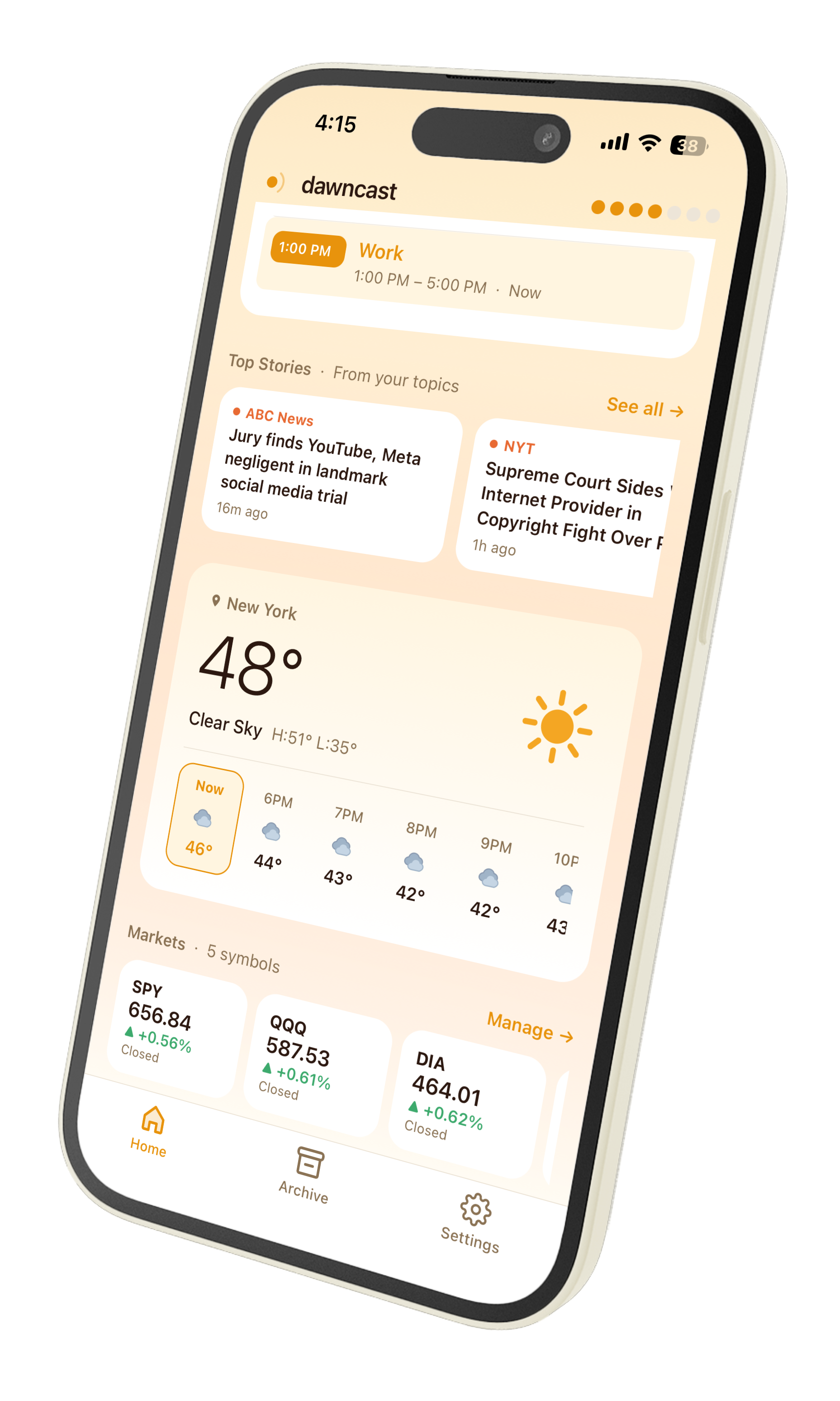 Dawncast markets and weather cards