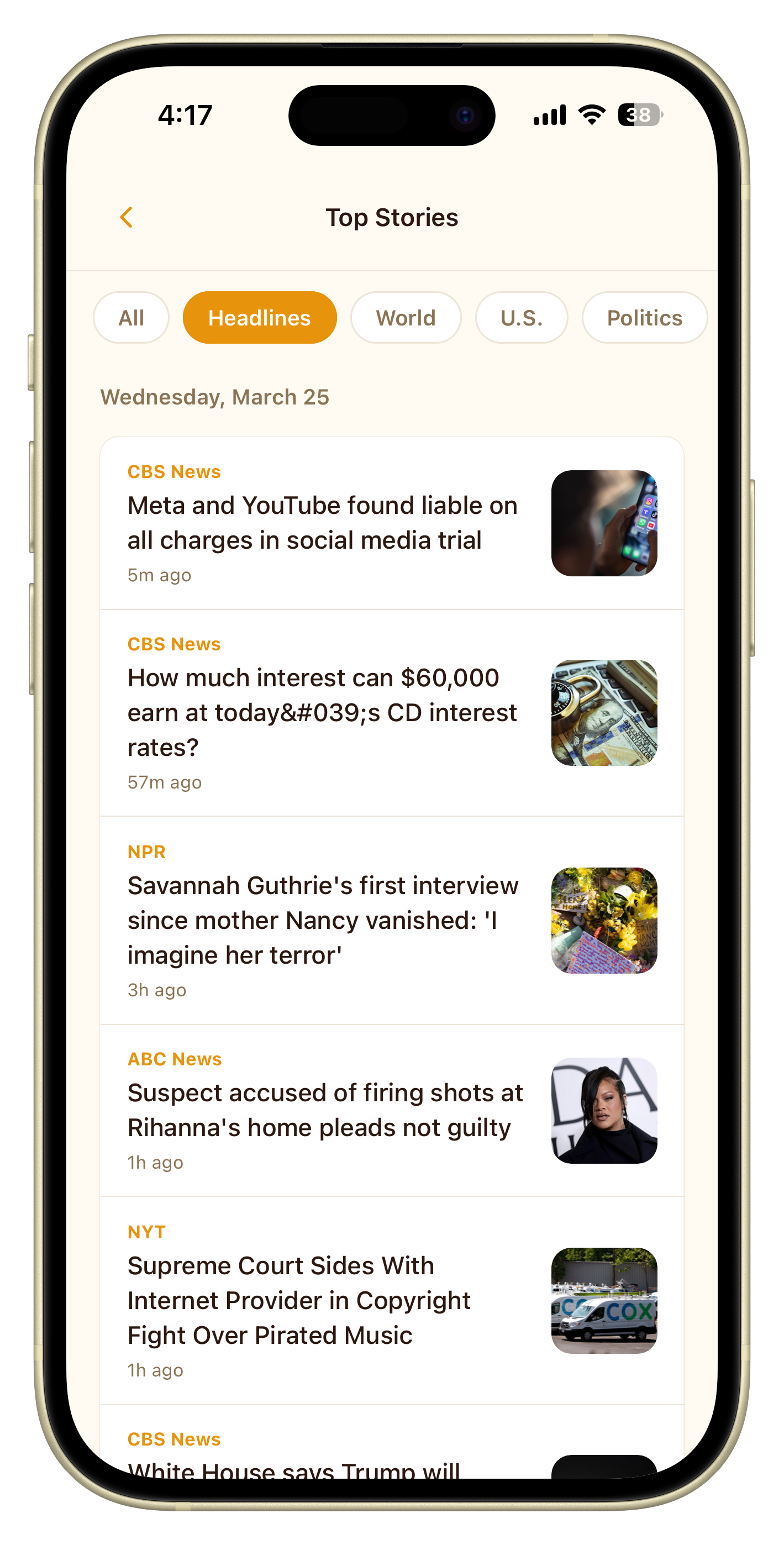Dawncast home screen showing top stories briefing